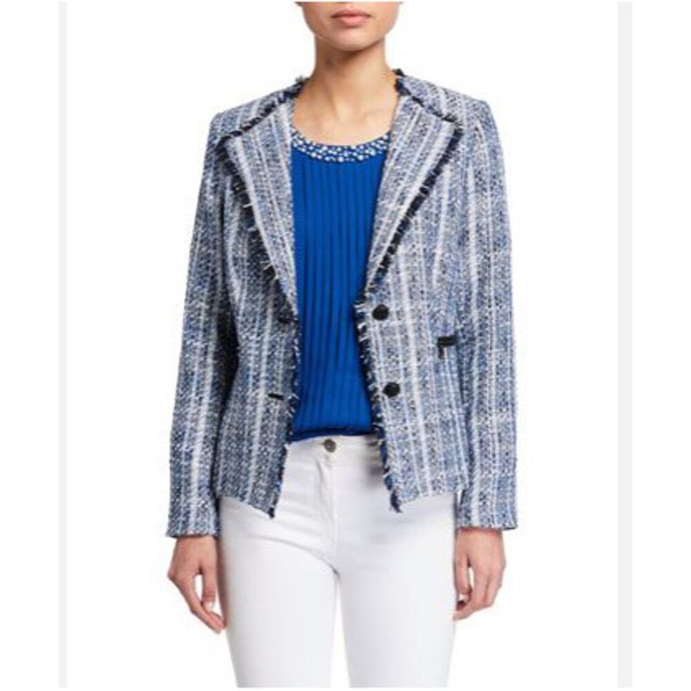Karl Lagerfeld Paris Blazer Women 8 Blue Tweed Blazer Preppy 90s Y2K Fringe
